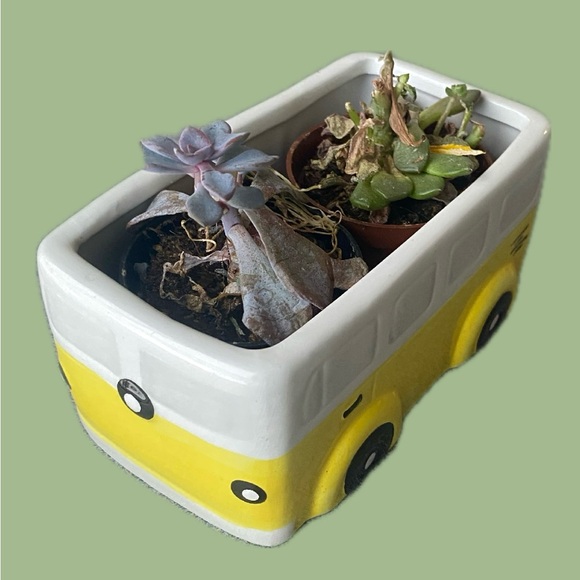 Other - Cute Yellow and White Ceramic Bus Planter
